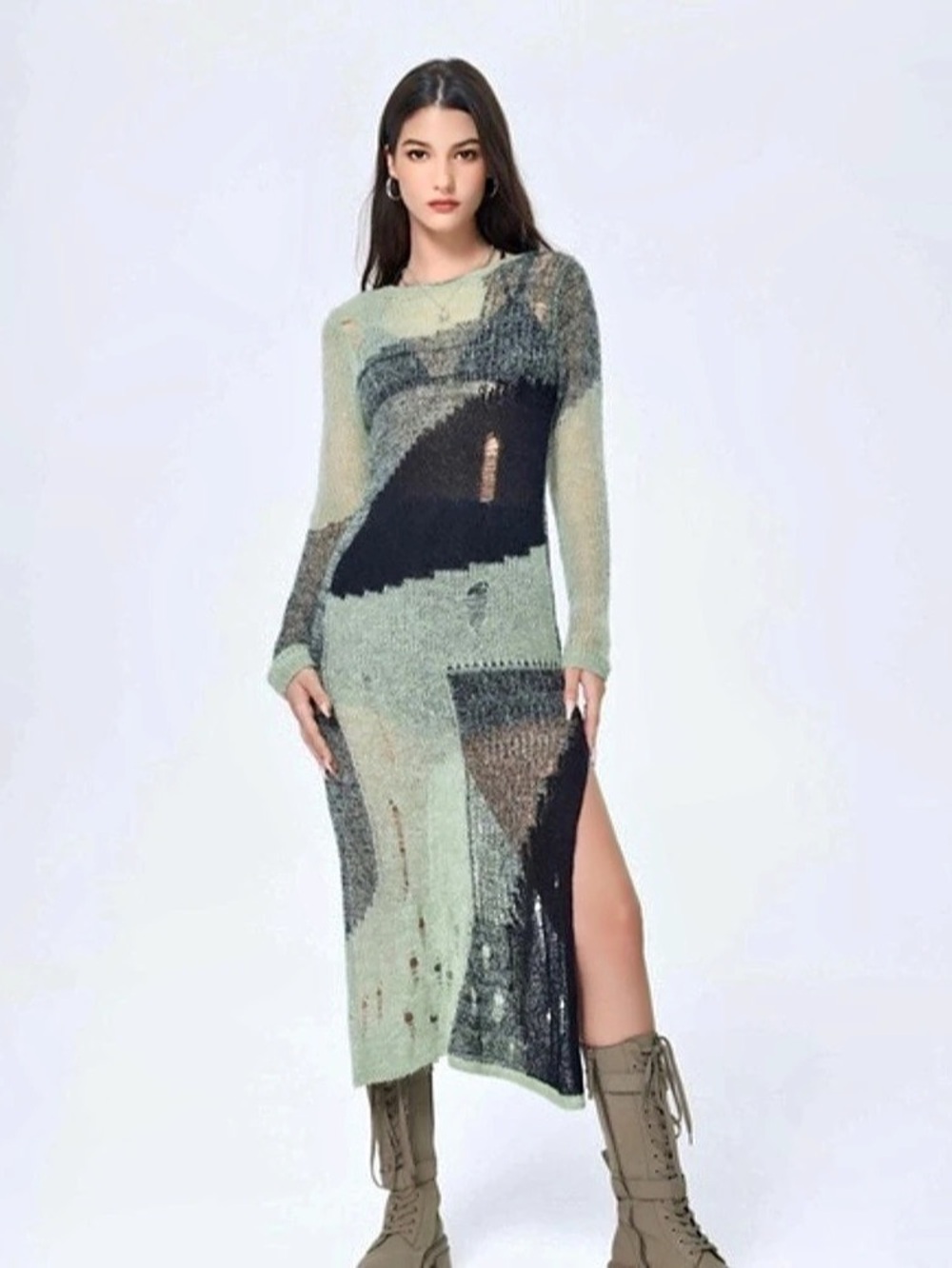 Cider Distressed Open Knit Midi Dress